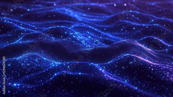 Fototapeta Abstract digital waves, vibrant blue, glowing particles. Background dynamic, futuristic. Use desktop wallpaper, technology background