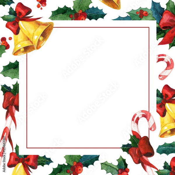 Obraz Winter holyday greeting card. Watercolor invitation card template. May be used for watercolor Christmas card with holly, golden bells, candy cane and red ribbon. Ornament festive design.
