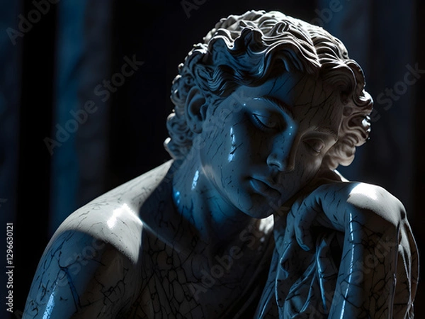 Fototapeta A majestic marble sculpture representing Hypatia. The figure has a thoughtful expression, with one hand resting on the chin. Detailed curly hair and a sculpted beard give a sense of wisdom.