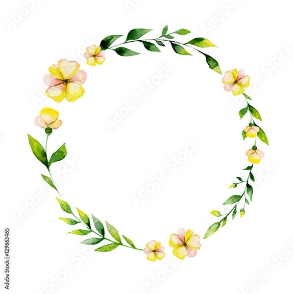 Obraz Watercolor yellow flower and herbs circle . May be used for Easter textile decoration print, invitation card, wedding decor or wrapping paper design
