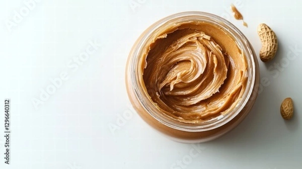 Fototapeta A close-up view of a jar filled with smooth peanut butter ready for spreading and enjoying