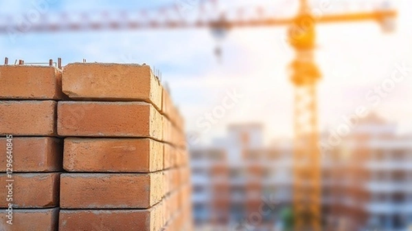 Obraz Bricklaying construction site sunrise crane city