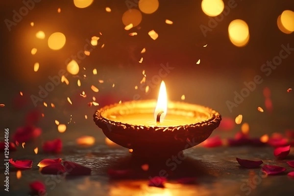 Obraz Illuminated Diwali Candle with Falling Petals