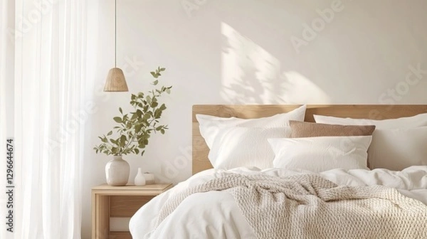 Fototapeta Minimalist Scandinavian bedroom with soft white and pale oak tones, featuring crisp linen bedding, cozy knit throw, and simple wooden bedside table, bathed in natural light.