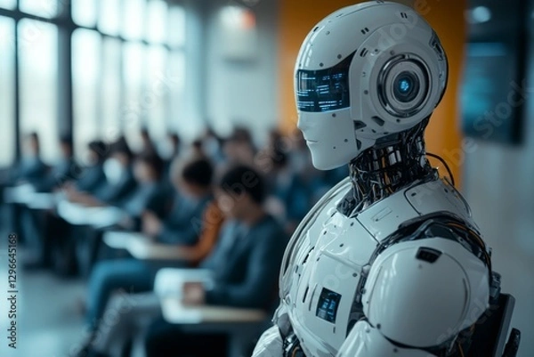 Fototapeta Advanced humanoid robot attending a conference with audience