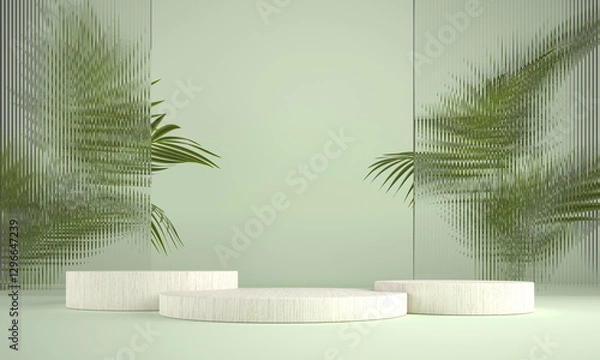 Fototapeta White wooden podium showing wood grain for displaying products on a light green background with patterned glass and blurred plants behind, Pedestals for advertising, mockup, presentation. 3D render