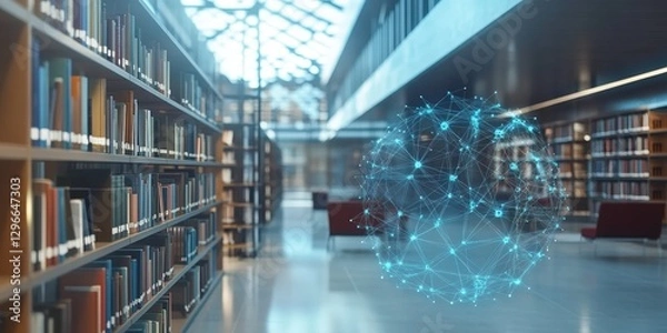 Fototapeta Modern library with digital network hubs for collaborative learning