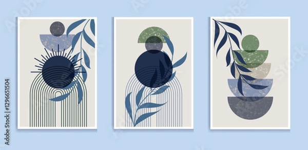 Fototapeta Abstract botanical wall art prints sun moon poster. Contemporary minimalist backgrounds modern boho style. Mid century wall decor, art print. Illustration