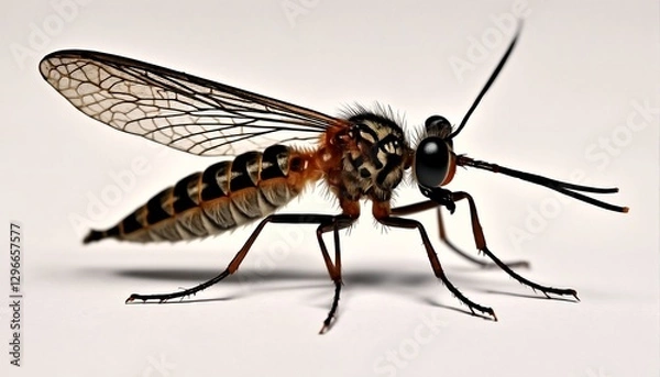 Fototapeta A close-up of a robber fly with its wings spread out.