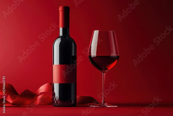 Fototapeta Elegant red wine bottle and glass on a vibrant backdrop