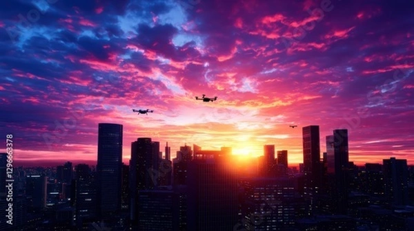 Fototapeta Stunning Sunset Over a Vibrant City Skyline with Dramatic Clouds and Illuminated Buildings