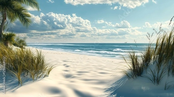 Fototapeta A peaceful beach scene where soft sand meets the gentle sway of palm branches, with the endless sea stretching into the horizon.