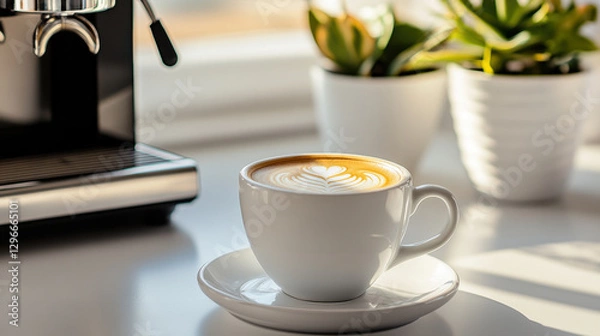 Fototapeta white ceramic cup of coffee with latte art sits on saucer beside plants