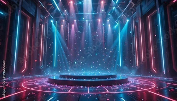 Obraz Futuristic Stage with Neon Lights and Colorful Particles for Events and Performances