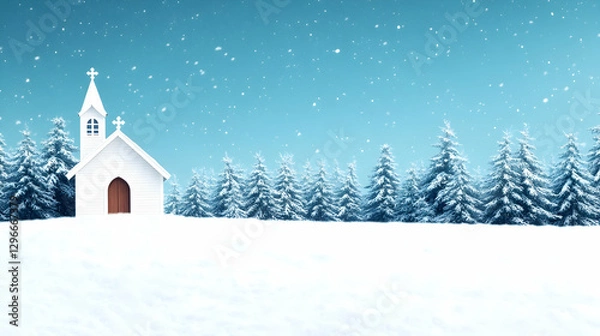 Fototapeta Snowy Winter Scene with Small White Church and Pine Trees