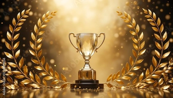 Fototapeta Glimmering Trophy Surrounded by Golden Laurel Leaves on a Shimmering Background of Lights and Sparkles