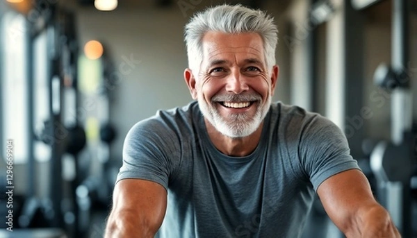 Fototapeta smiling older man with short gray hair and a grey t-shirt posing in a gym.