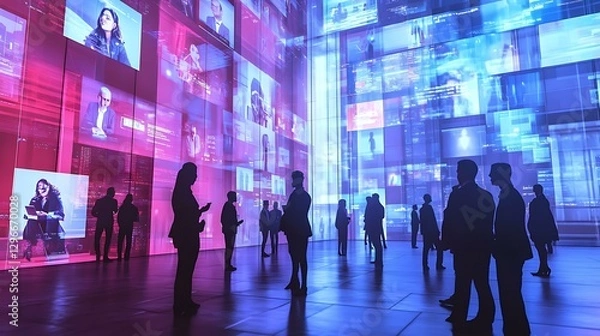 Fototapeta Online business networking event, professionals connecting via video calls, stylish and futuristic, Realistic Photo