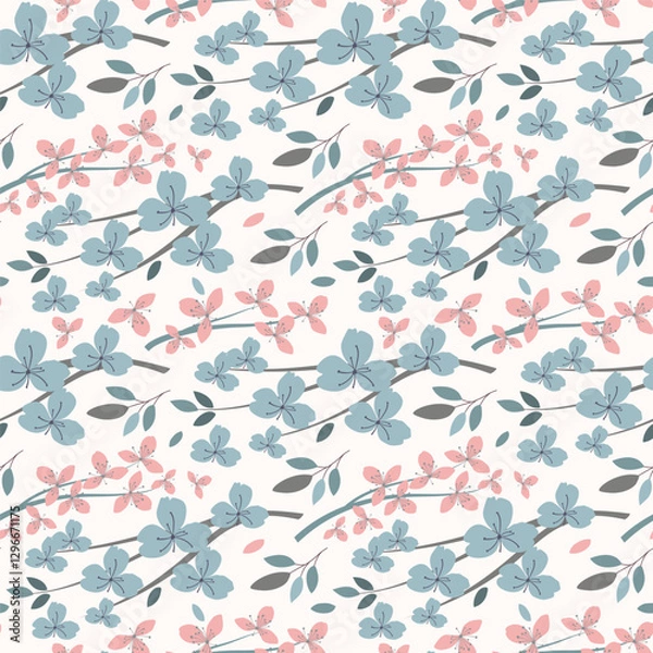 Fototapeta Seamless pattern with sakura branches. Gray, blue and pink colors. It can be used for textiles, fashion, wallpaper, wrapping paper, notebooks.