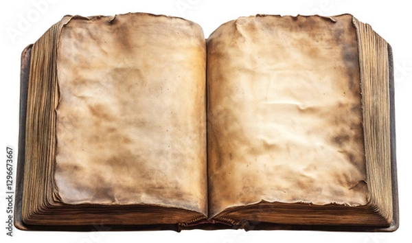Obraz open ancient book with weathered pages and rustic appearance, evoking sense of history and mystery. aged paper and worn binding suggest long and storied past