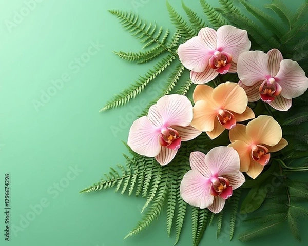 Obraz Orchids, ferns, green background, floral arrangement, design