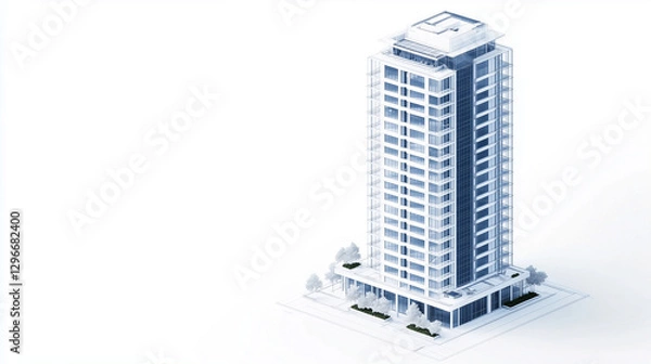 Obraz An elegant isometric apartment skyscraper rendered in a detailed white and blue blueprint design, rising dramatically against a white background