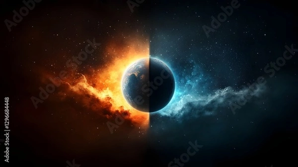 Obraz Two colossal alien planets colliding amidst a swirling cosmic maelstrom of fiery energy luminous nebulae and vast looming shadows in the depths of a fantastical otherworldly space  A mesmerizing