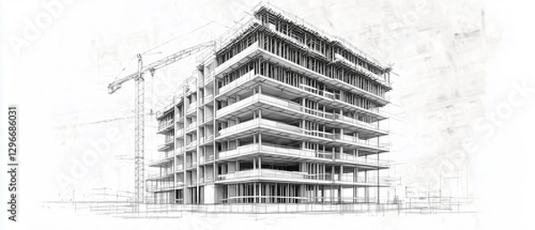 Obraz Architectural drawing of a skyscraper under construction, showing the precise architectural blueprint in grayscale