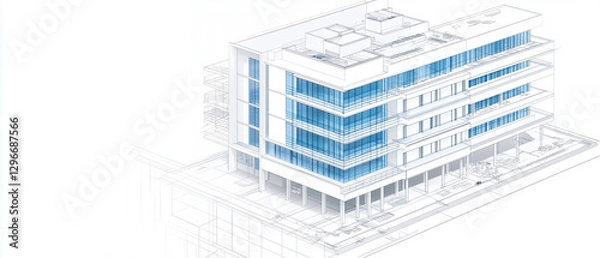 Obraz CAD-style architectural illustration of a modern hospital building under construction, with a focus on its clean white facade and blue-tinted glass panels