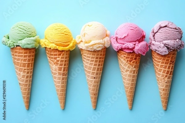Fototapeta Colorful ice cream cones in a row on a pastel blue background
