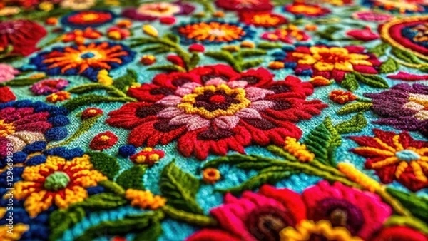 Fototapeta Macro Photography: Richly Colored Embroidered Rug, Floral Detail, Close-Up, Textile Art, Persian Rug, Oriental Rug, Carpet, Embroidery, Thread, Fabric Texture