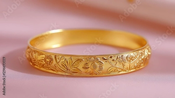 Fototapeta Elegant gold choker necklace with detailed engravings resting on a smooth pink surface