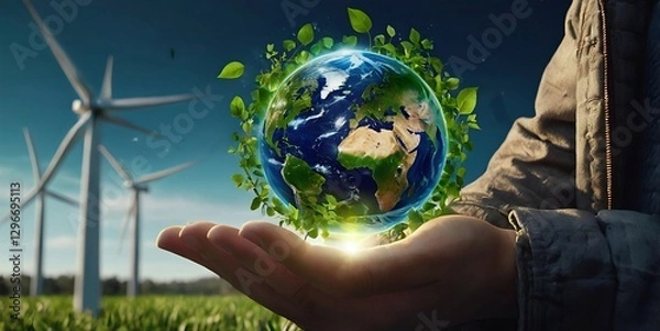 Fototapeta Planet earth in hand with Green power symbols, alternative ecological energy 3D vector poster, wind turbine, solar panel 
