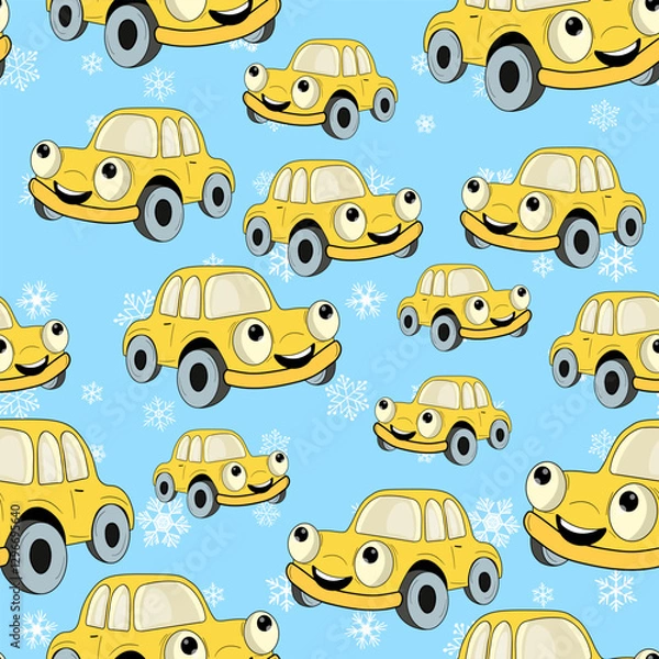Fototapeta Seamless pattern with cute car on color background. Cartoot transport. Vector illustration. Doodle style. Design for baby print, invitation, poster, card, fabric, textile.