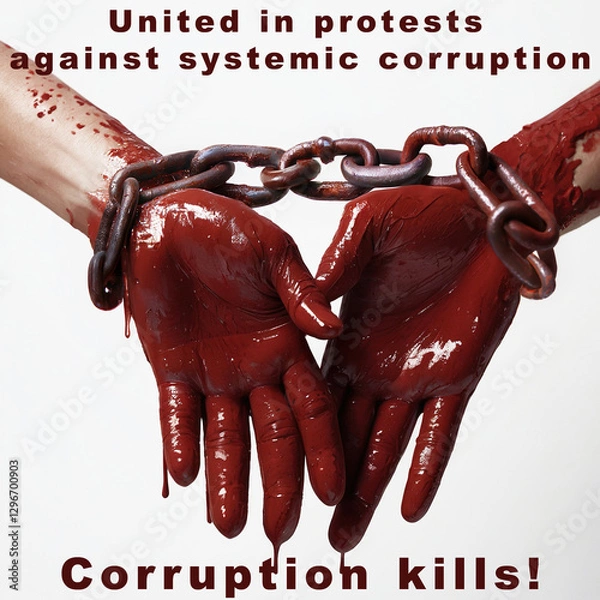 Obraz Two chained hands, which are covered in a red substance resembling blood, symbolizing systemic corruption's impact. 