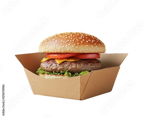 Obraz Hamburger in cardboard packaging Isolated On Transparent Background 