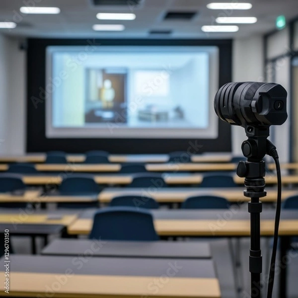 Fototapeta A classroom setting with a projector screen displaying a live podcast. --v 6.1 Job ID: 166229f8-2edf-434b-ac54-3e423d1ab7e1