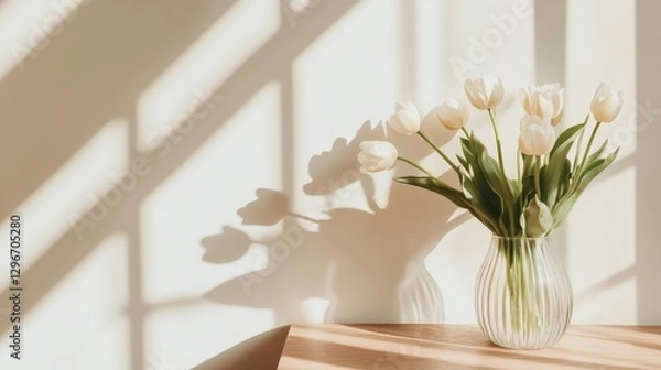 Fototapeta White tulips in glass vase with soft shadows on sunlit surface