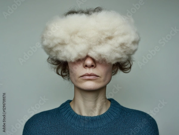 Fototapeta Surreal portrait of a woman with her head covered in soft cloud-like texture.