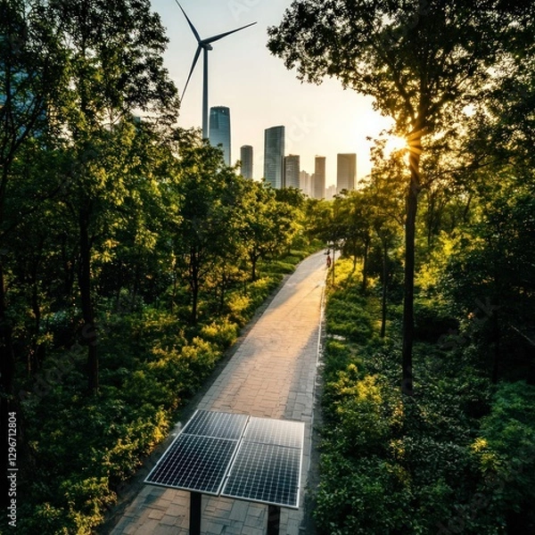 Fototapeta Solar Panels and Wind Turbines Overlooking a Serene Pathway in a Vibrant Urban Park at Sunset