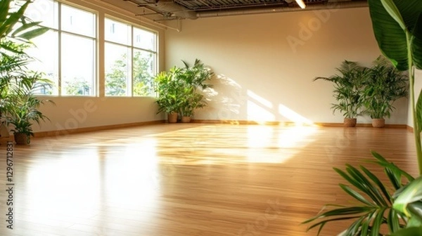 Fototapeta Spacious and Serene Indoor Workspace with Natural Light and Lush Green Plants