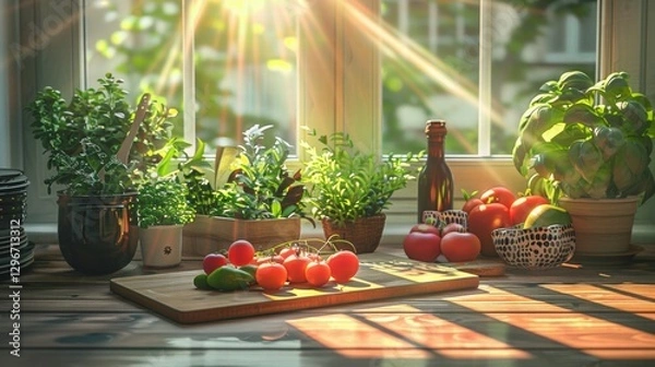 Fototapeta Sunlit Kitchen Counter with Fresh Vegetables and Herbs in Nature