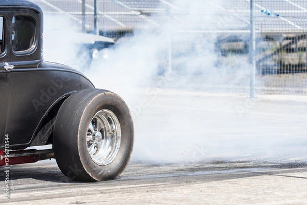 Obraz Smoke from under the wheels of a hot rod on the starting line.