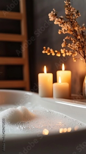 Fototapeta Tranquil Bathroom Scene with Bubbles and Candles Creating a Relaxing Atmosphere