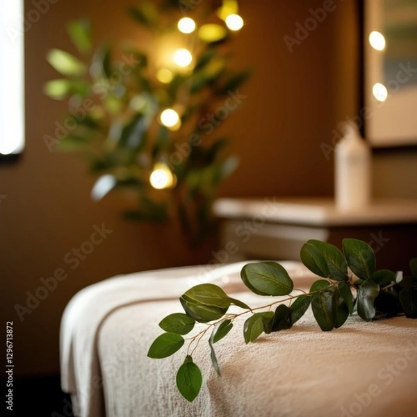 Fototapeta Tranquil Spa Room with Soft Lighting and Greenery for Relaxation Therapy