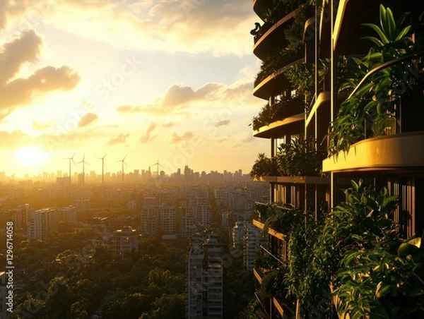 Fototapeta Urban Cityscape at Sunset with Modern Architecture and Lush Greenery on a Balcony