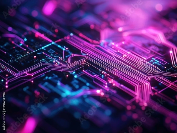 Fototapeta Vibrant Abstract Technology Circuit Board with Neon Purple and Blue Lights in a Futuristic Design