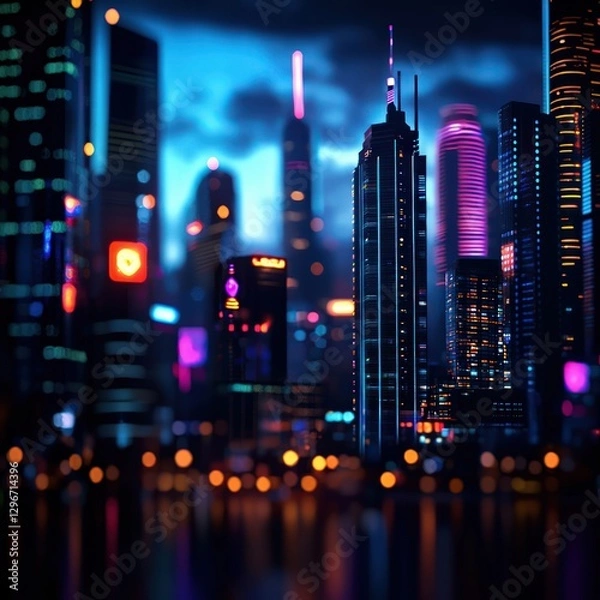 Fototapeta Vibrant City Skyline at Night with Neon Lights and Reflections in Water