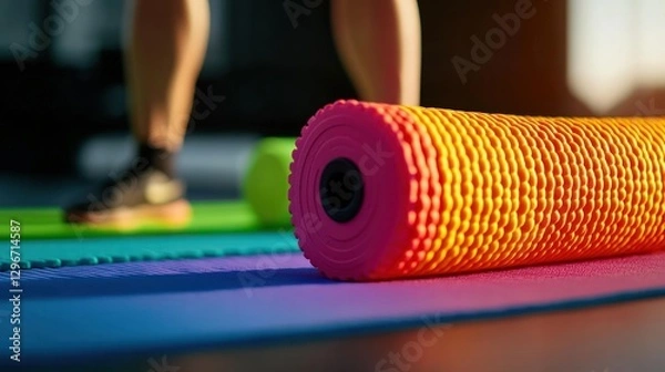 Fototapeta Vibrant Foam Roller on Colorful Exercise Mats in a Bright Fitness Studio