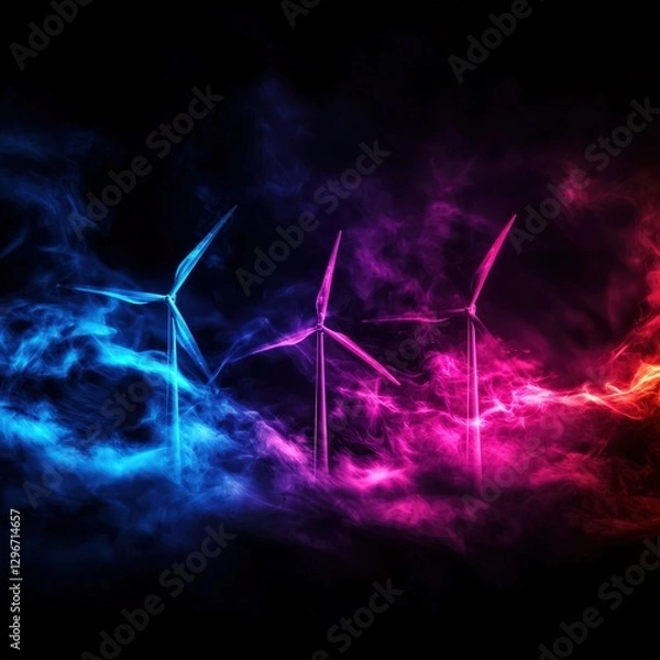 Fototapeta Vibrant Neon Wind Turbines Surrounded by Colorful Clouds and Electric Energy Effects